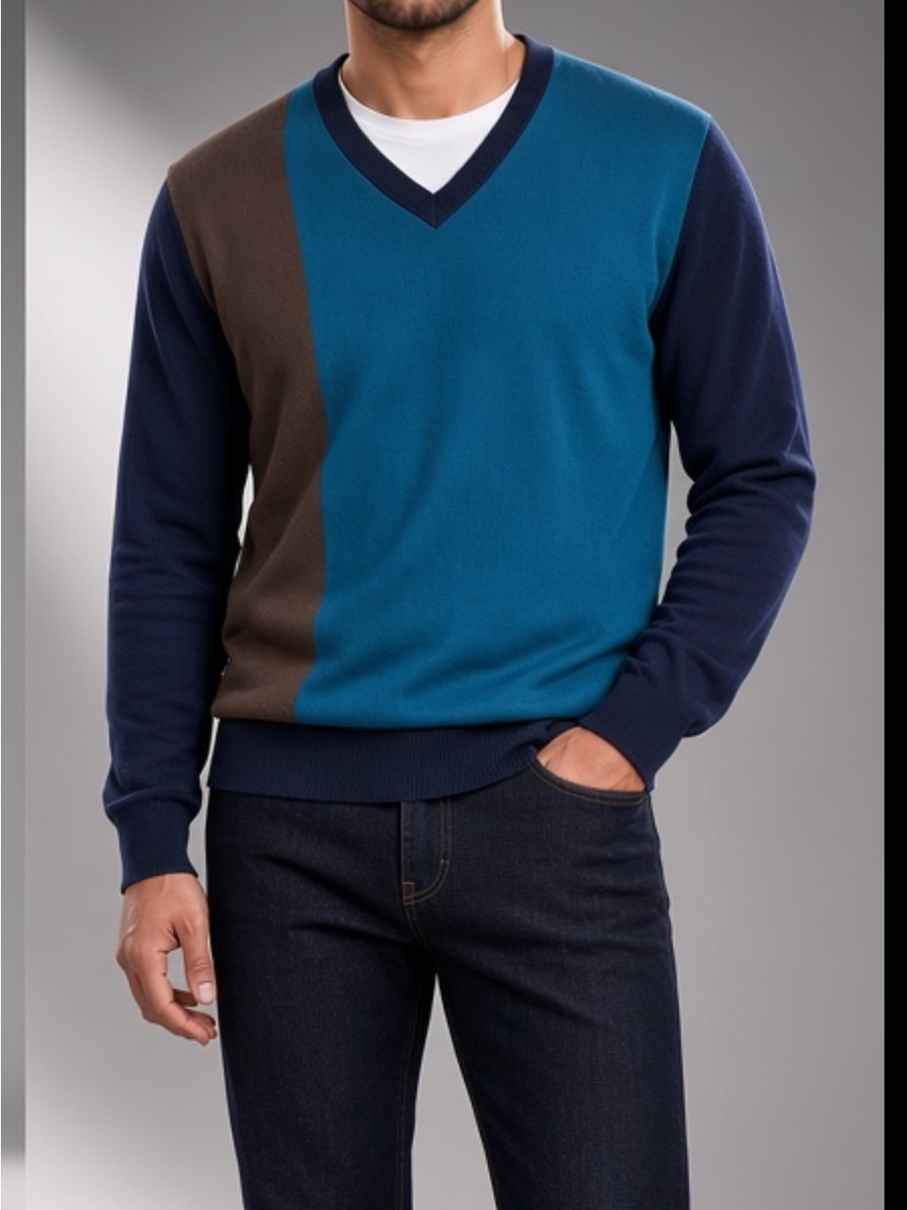 $795 Isaia Men's V-Neck Sweater in Teal, Navy & Brown